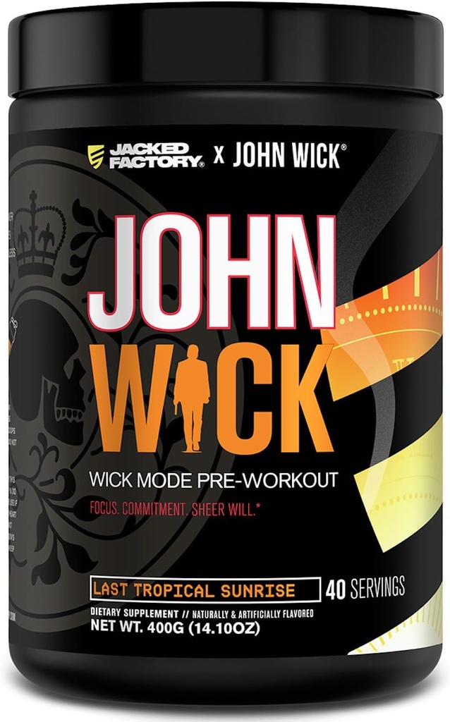 Jacked Factory X John Wick - Wick Mode Pre Workout Powder - Energía intensa, Battle-Ready Focus, Compromiso imparable, y Sheer Will - 40 Servings, Last Tropical Sunrise