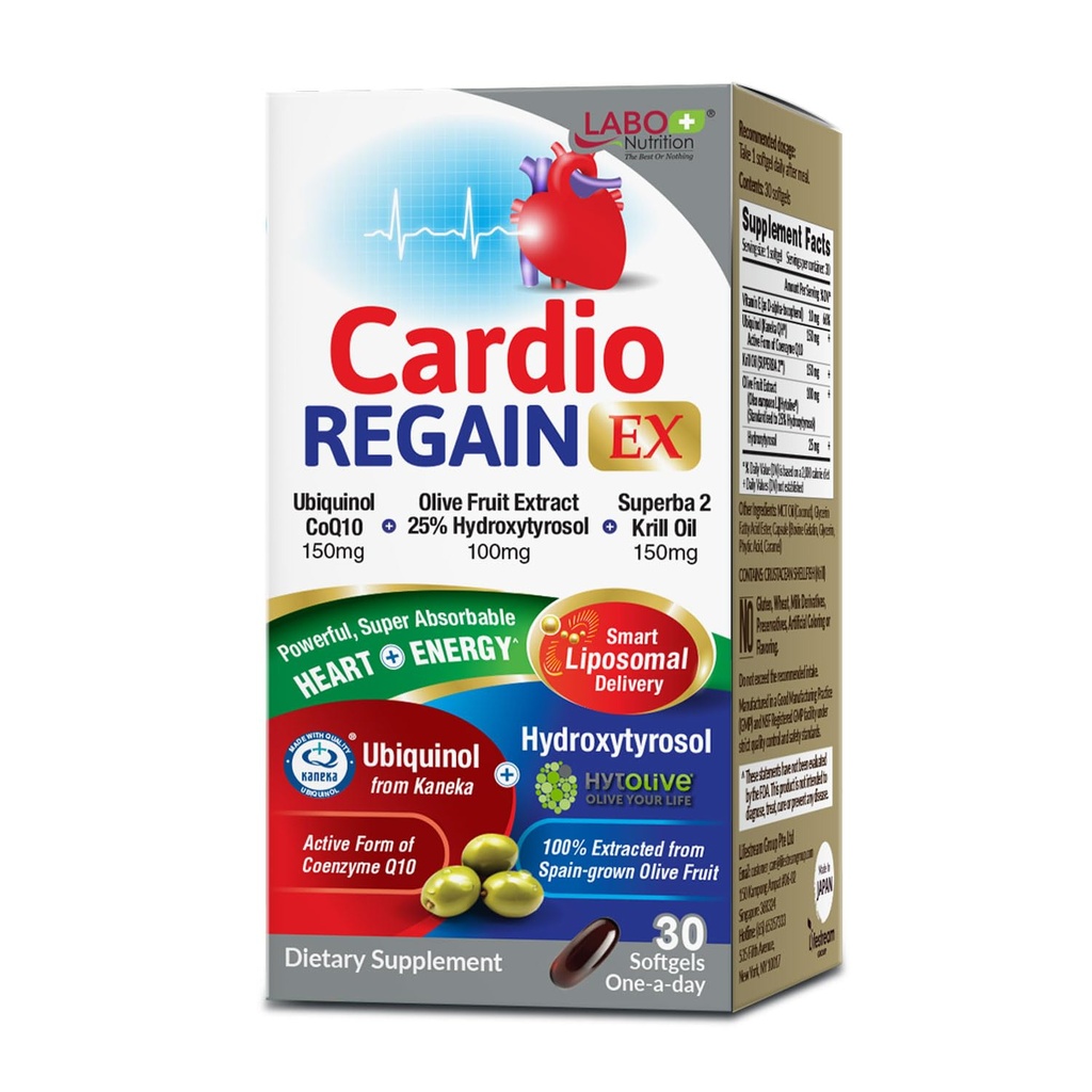 LABO Nutrition CardioREGAIN EX – Ubiquinol CoQ10 Suplemento con Kaneka QH 150mg, Olive Fruit Extract (25% Hydroxytyrosol), Krill Oil – Heart, Cellular Energy, Liposomal Absorption, Non-GMO, Soy-Free