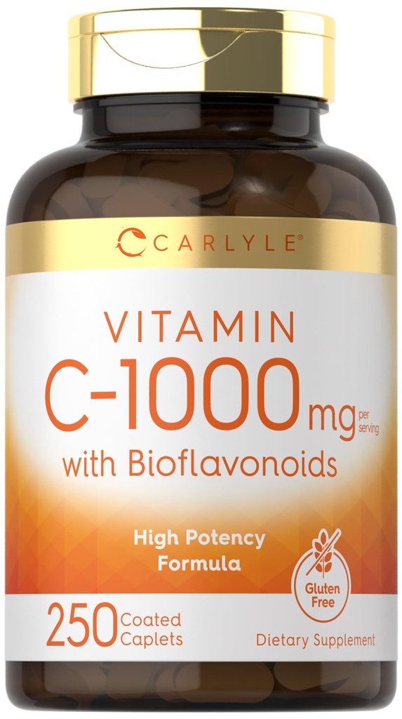 Carlyle Vitamina C 1000mg Silencio con Rose Hips y Citrus Bioflavonoids ← 250 Caplets viv Vegetarian, Non-GMO, Gluten Free Supplement