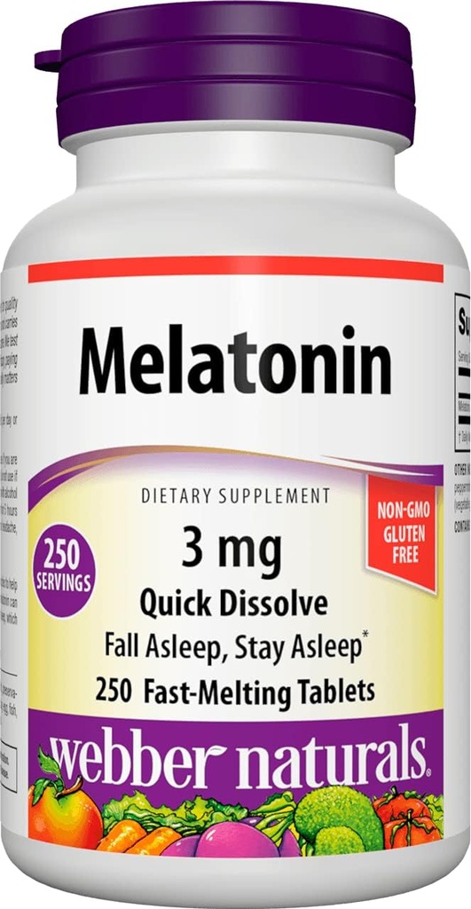 Webber Naturals Melatonina 3 mg, Easy Dissolve, 250 Tablets, 100% Drug Free Sleep Aid for Adults, Gluten Free, Non-GMO, Apto para Vegetarians