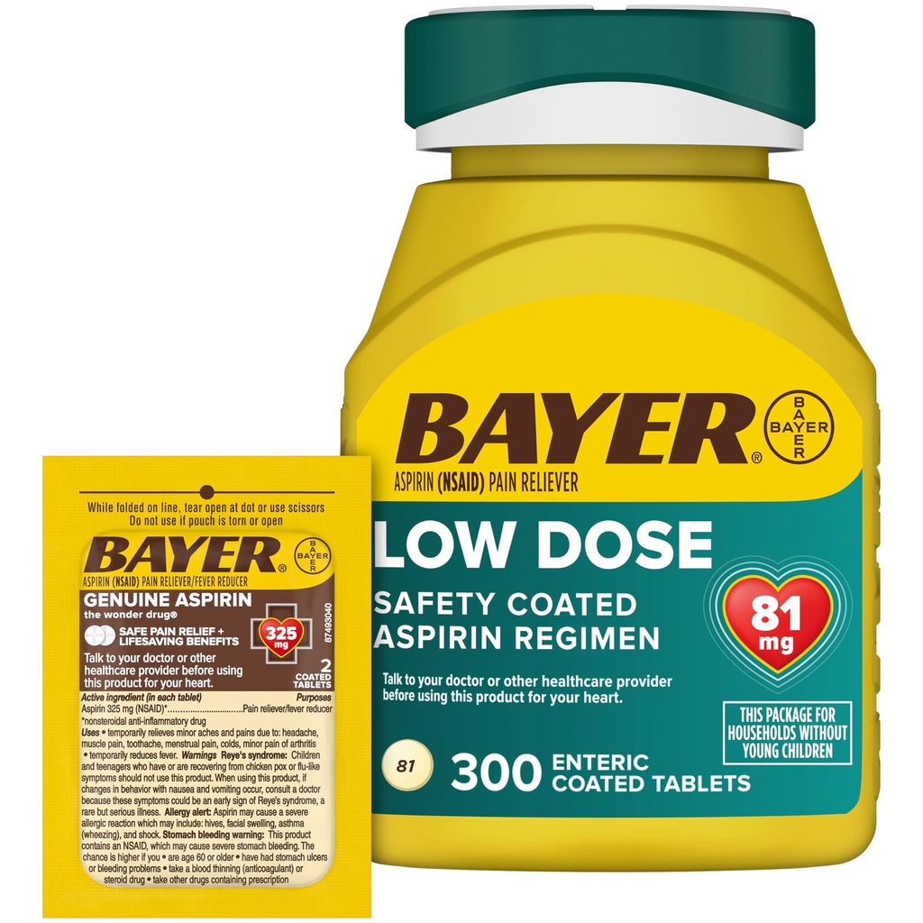 Bayer Aspirin 81mg Enteric Coated Tablets 300ct y 2 Count Travel Pack of Genuine Aspirin 325mg Coated Tablets