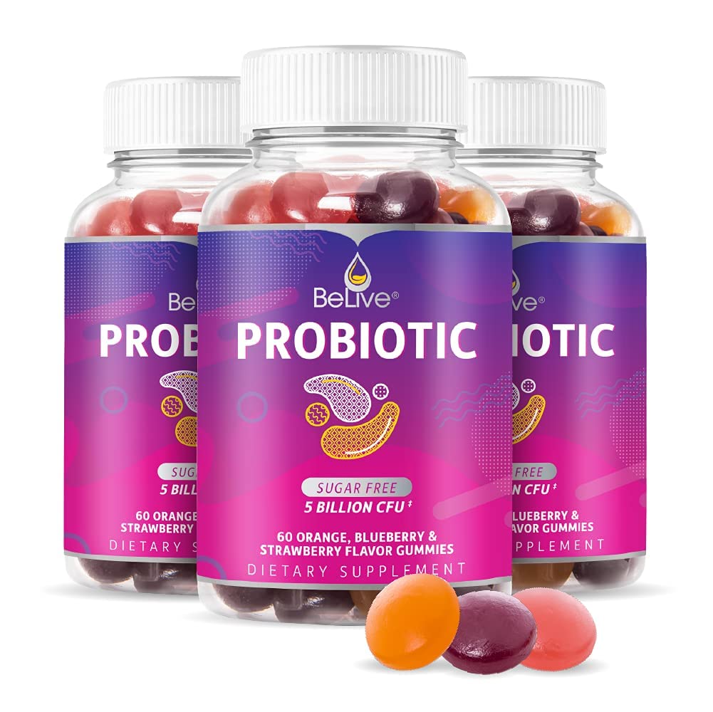 BeLive Probiotic Gummies - Probiotics with 5 Billion CFUs for Digestive Health, Men, Women &amp; Kids Probiotic Supplements for Immune Support, Sugar Free & Vegan – Blueberry, Strawberry & Orange ← 3-Pack