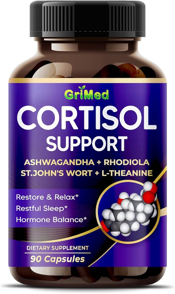 GriMed Ashwagandha Rhodiola 14,150mg - x 10 Power with St.John's Wort, L-Theanine - Restore & Relax, Descanso sueño - USA Made " Tested (90 Count (Pack of 1))