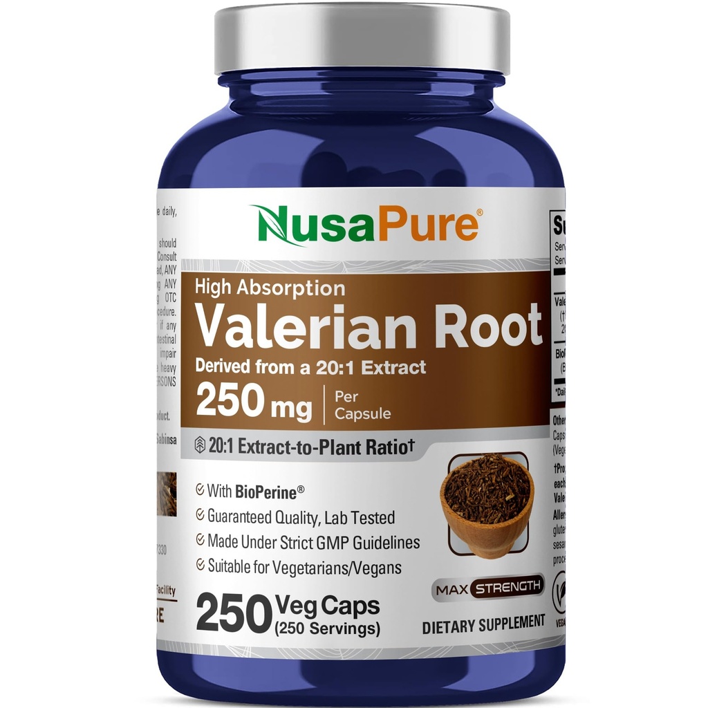 NusaPure Valerian Root 20:1 Extracto, 250 mg Equivalente a 5000mg Por Veggie Caps, 250 Conde, Vegan, No GMO, Bioperina
