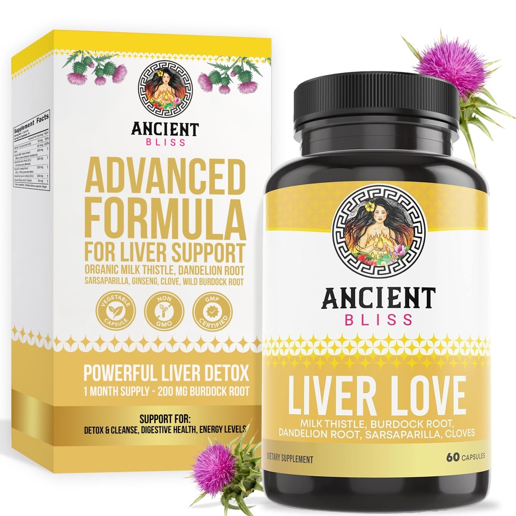 Antiguo Bliss Liver Love - Natural Milk Thistle Liver Detox and Liver Health Cleanse Supplement - Support Healthy Liver in Men and Women - 60 Capsules - with Burdock, Dandelion, Cloves, and More
