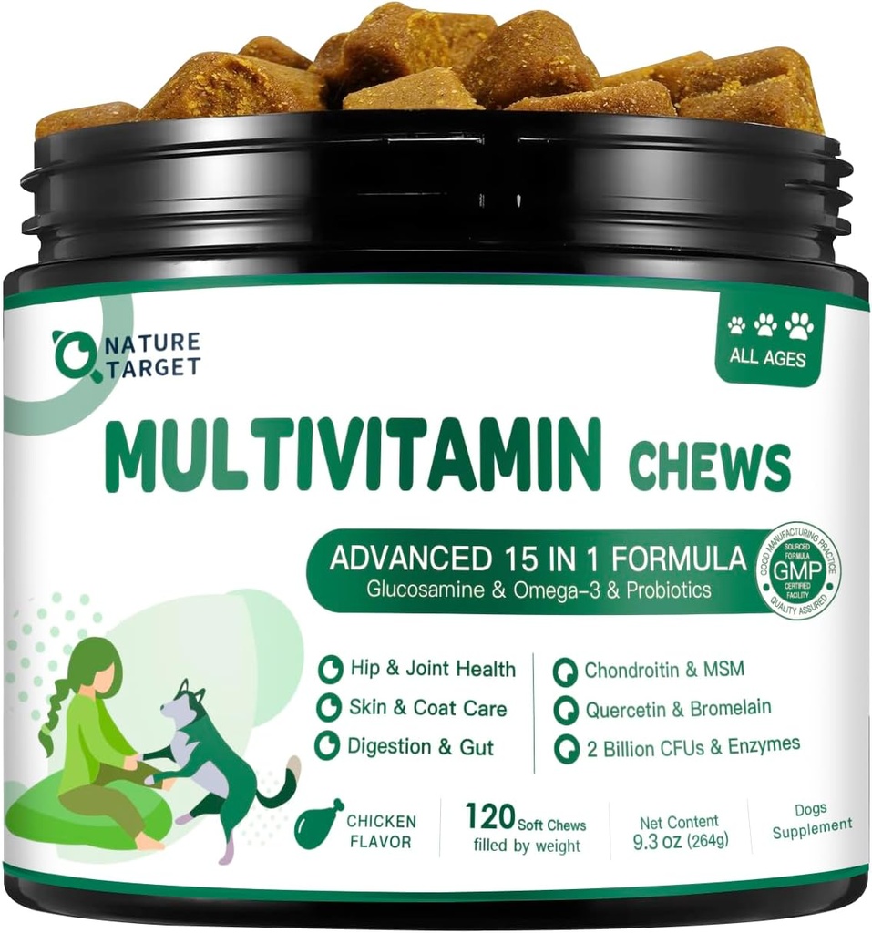 NATURE TARGET Multivitamina para perros - con MSM " Glucosamina, Omegas 3 " 6, Probióticos para la salud digestiva, soporte conjunto, piel " , sistema inmunitario " salud general 120 cerdas blandas