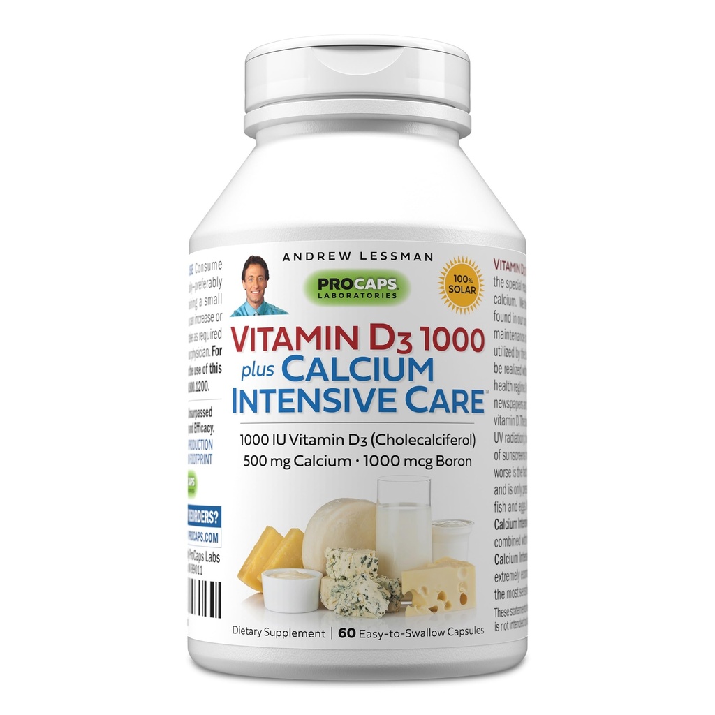 ANDREW LESSMAN Vitamin D3 1000 Plus Calcium Intensive Care 60 Capsules - Esencial para la Absorción de Calcio, soporta la salud ósea, función muscular saludable. Gentil, fácil de absorber. No hay aditivos