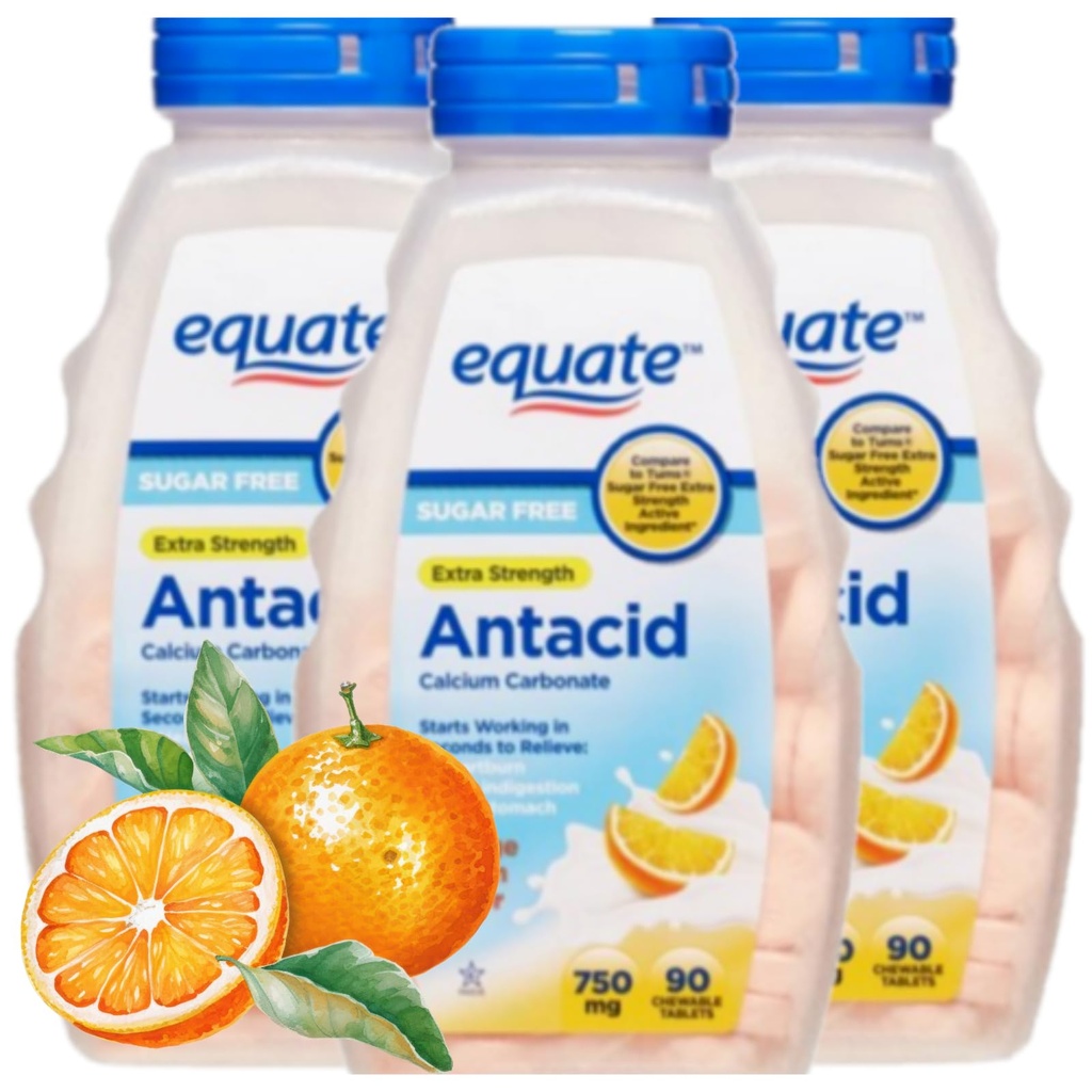 Tabletas de ácido Sugar Free Extra Strength, Orange Creme, Calcium Carbonate 750 mg, 90 Cuenta Cada (Pack of 3)
