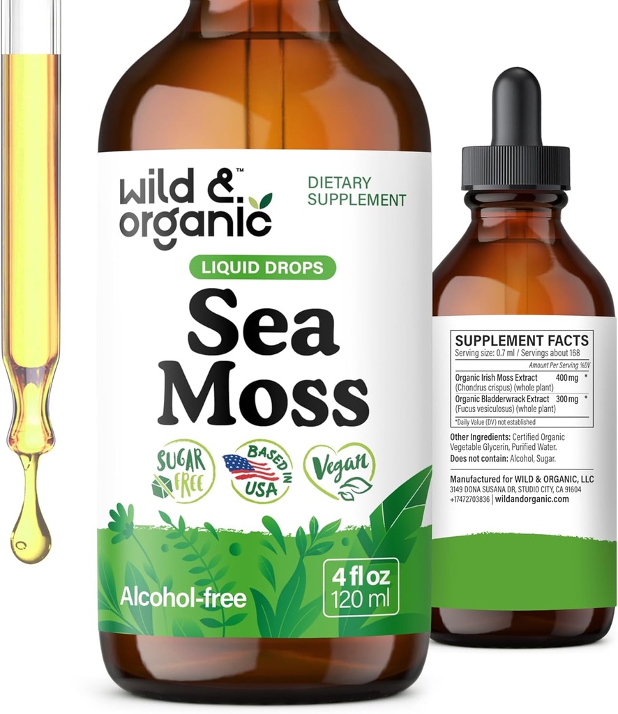 Wild & Organic Sea Moss Drops - Asistencia general con Seamoss irlandés y Bladderwrack - Multimineral Chondrus Crispus Tincture - Vegan, Azúcar & Alcohol-Free Suplemento líquido - 4 fl oz
