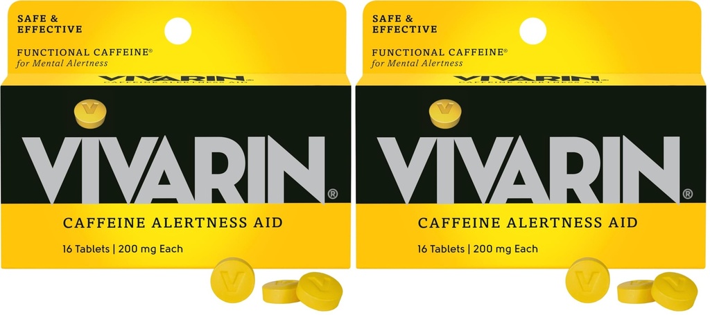 Vivarin, Caffeine Pills, 200mg Caffeine per Dose, Safely and Effectively Helps You Stay Awake, No Sugar, Calories o Hidden Ingredients, Energy Supplement, 16 Tablets (Pack of 2)