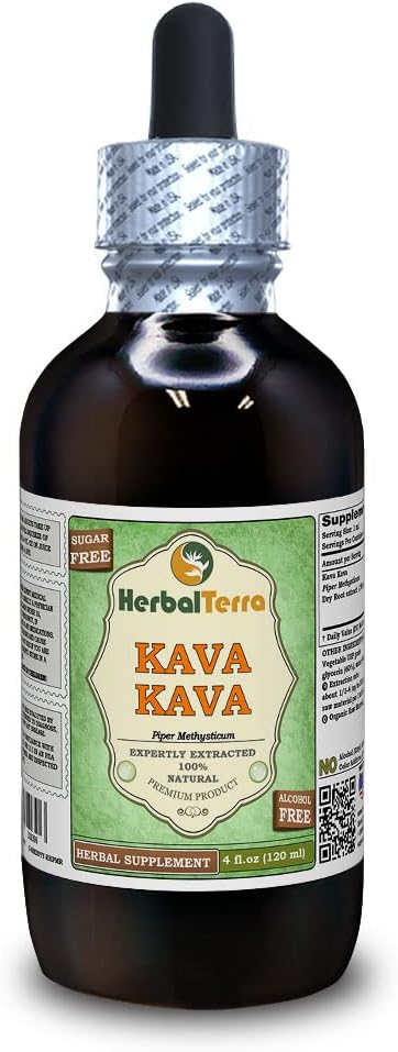 Kava Kava (Piper Methysticum) Glycerite, Dried Root Alcohol-Free Liquid Extract (Marca: HerbalTerra, Proudly Made in USA) 4 fl.oz (120 ml)