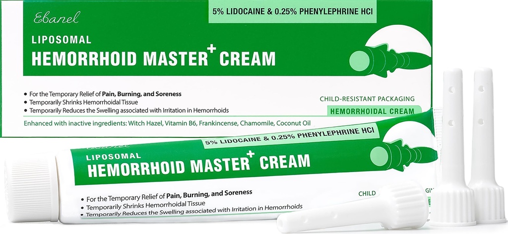 Ebanel 5% Lidocaine Hemorrhoid Treatment Cream with Witch Hazel, Phenylephrine, Horse Chestnut, Vitamina B6, Zinc Oxide, Hemorroides externas e internas Tratamiento Burn Itch Pain Relief Anal Cream