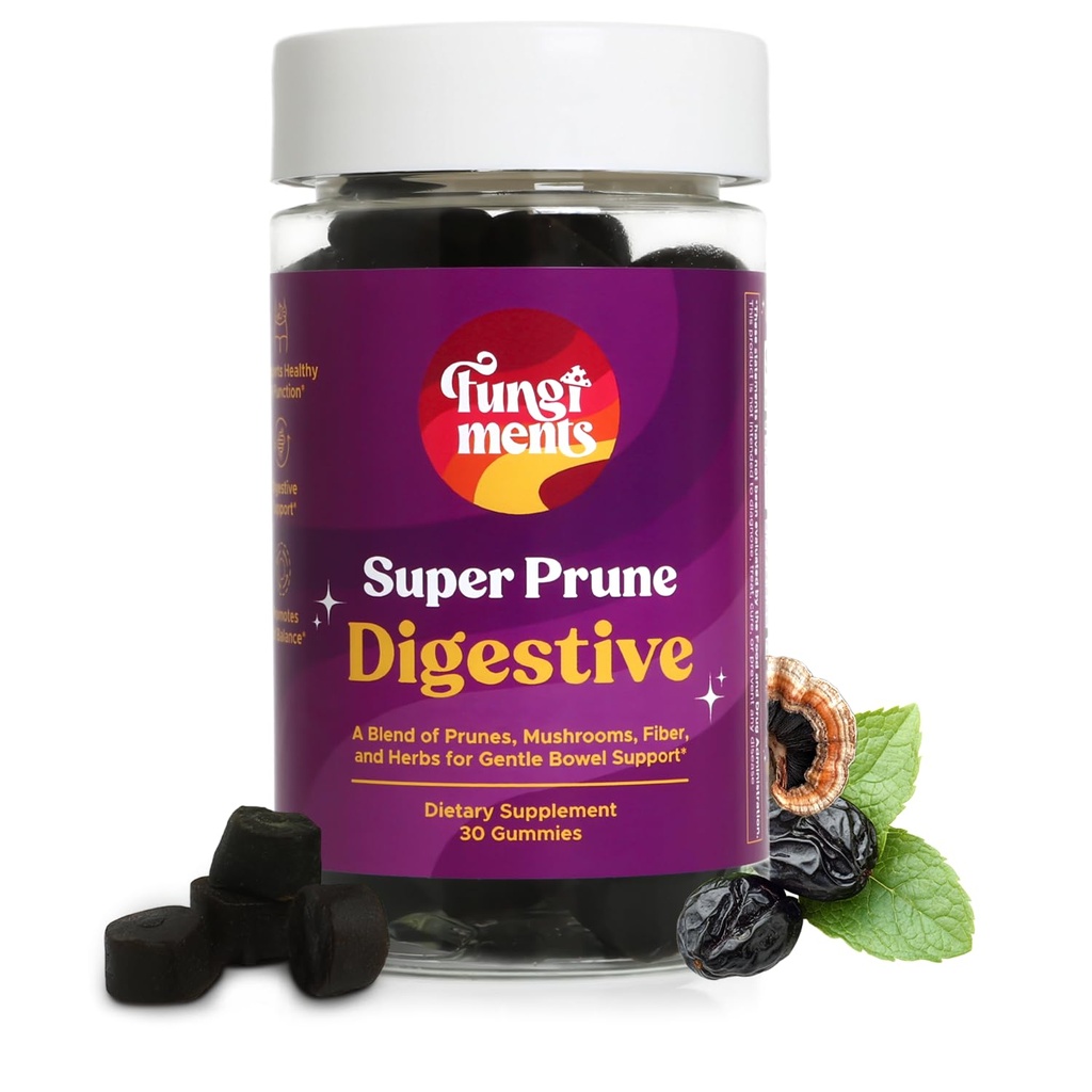 Fungiments Super Prune - Suplemento de la habitación - Turquía Tail Mushrooms, Fiber, Rhubarb, Prunes, Ginger, Chamomile - Debloating, Constipation Relief (30 Mushroom Gummies)