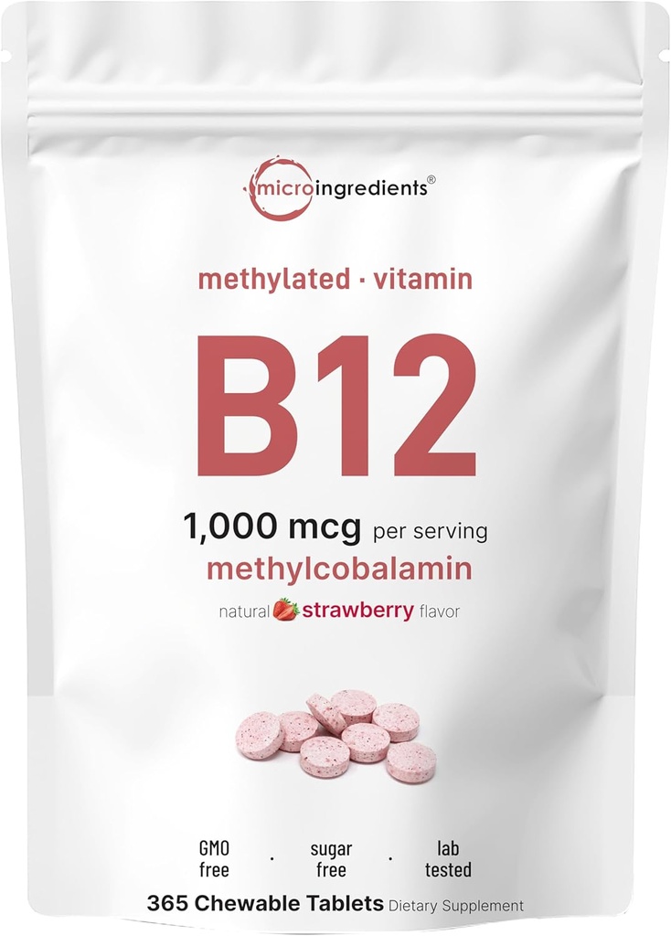 Micro Ingredientes Vitamina B12 1000 mcg peru Methylcobalamin – 365 Tablas Chewable ← Dissolve rápido, Sabor de Fresa Natural ← Soporta Energía y Metabolismo Salud ANTE Vegan, No GMO, Gluten Gratis