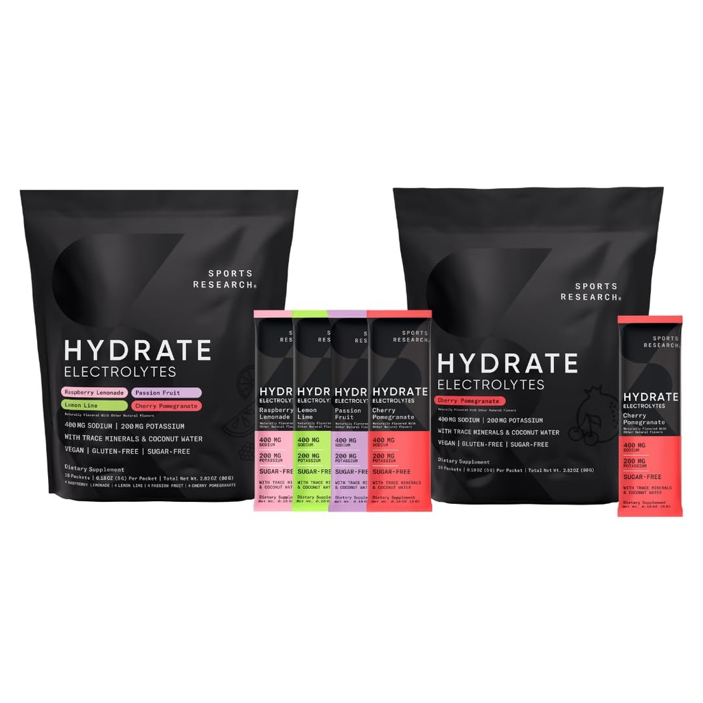 Sports Research Hydrate Electrolytes Combo Pack - Sin azúcar &amp; naturalmente saboreado con vitaminas, minerales y agua de coco - Soporta hidratación - 32 Packets - Cherry Pomegranate Dominant Flavor