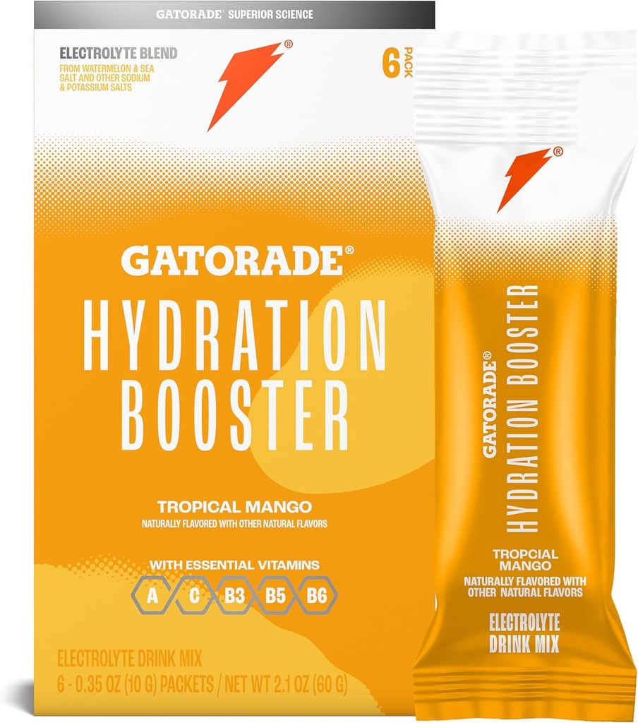 Gatorade Hydration Booster Electrolyte Drink Mix Powder Packets, Tropical Mango, Advanced Electrolyte Blend, No Añadido Colores, No Artificial Sweeteners, Essential Vitamins A, C, B3, B6, Makes 20 Fl Oz, (6 Pack)