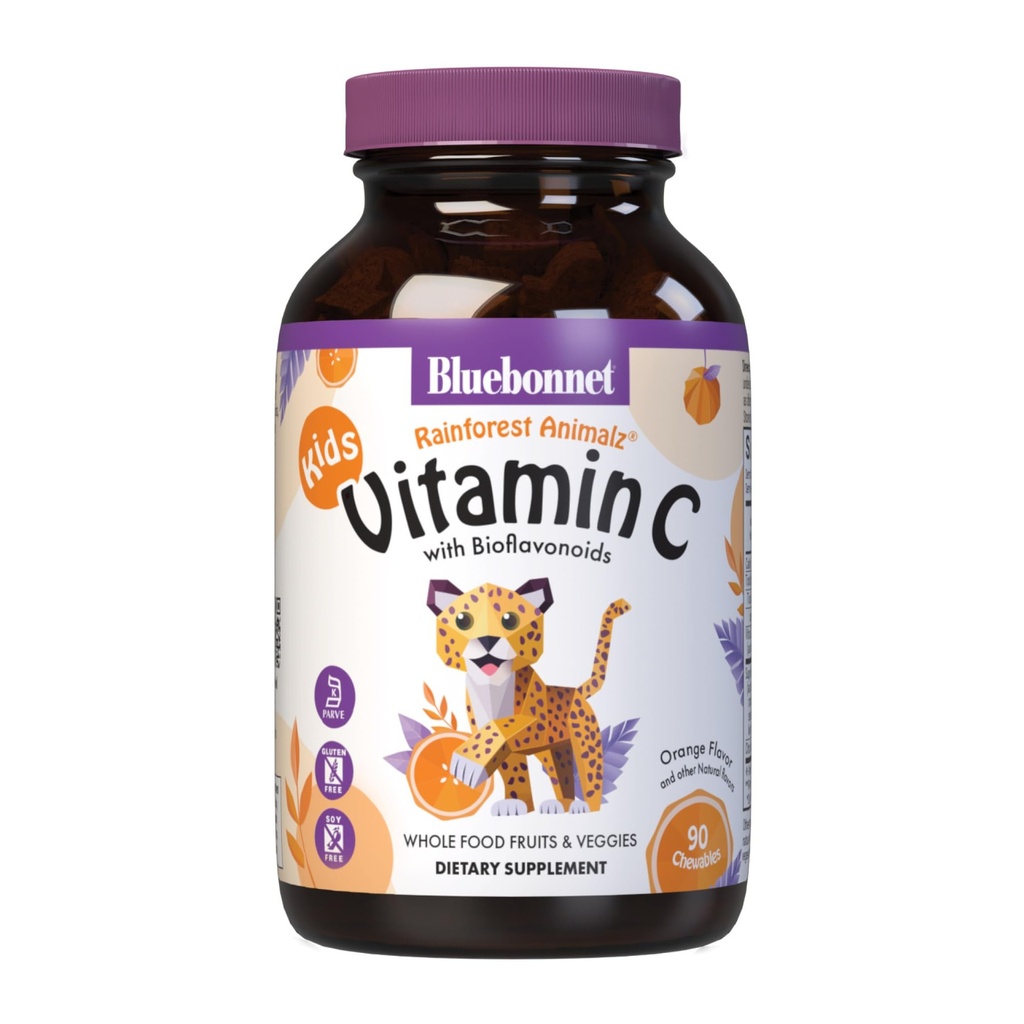 Bluebonnet Nutrición Bosque lluvioso Animalz Vitamina C Forma de animales Tablas abatibles, 250 mg de vitamina C, libre de soja, libre de gluten, certificado de Kosher, libre de lácteos, vegano, 90 Tabletas, 45 Serviciones, sabor a naranja