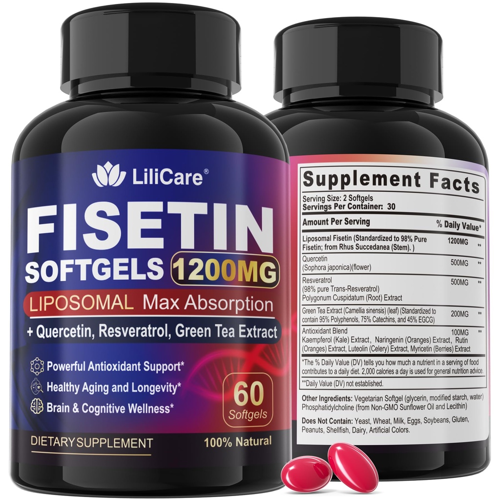 Fisetin Supplement - Liposomal Super Absorción 98% Puro 1200 mg con Quercetina, Resveratrol, Green Tea Extract for Healthy Aging &amp; Longevity, Skin Health, Brain & Antioxidant - 60 Softgels