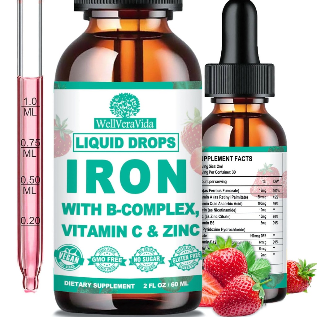 Suplemento de hierro líquido w / Vitamin C, B-Complex, Hierro de alta potencia líquido w. Multivitamina, gotas de hierro vegano para mujeres, niños, suplemento de hierro líquido de Chelate para la anemia, fatiga, la sangre roja