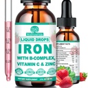 Suplemento de hierro líquido w / Vitamin C, B-Complex, Hierro de alta potencia líquido w. Multivitamina, gotas de hierro vegano para mujeres, niños, suplemento de hierro líquido de Chelate para la anemia, fatiga, la sangre roja