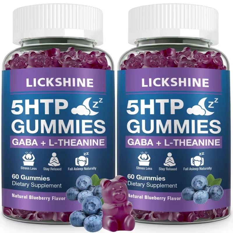 2 Pack 300MG 5-HTP GABA Suplemento de sueño con 200mg L-Theanine Suplemento para Cerebro, Estabilizador de Mood y Apoyo al sueño, Melatonin-Free, Omega 3-6-9 para Zzzs Naturales, Blueberry Flavor