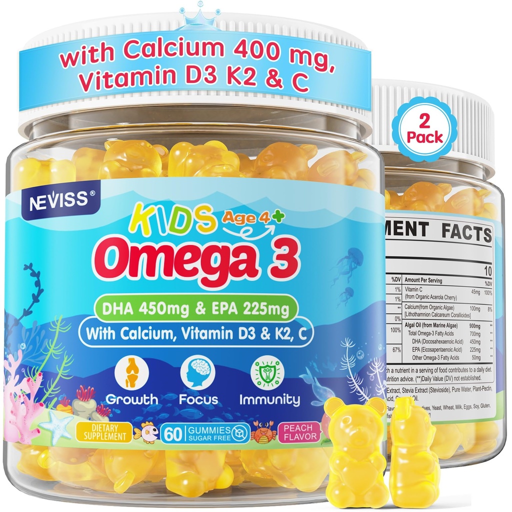Niños Omega 3 Gummies + Calcio 400mg + Vitamin D3 K2 + C, Omega-3 DHA &amp; EPA Suplemento - No Fish Burps, No Sugar - Niños &amp; Adolescentes Omḛga 3 + Multivitamin Gummy para huesos fuertes, cerebro, inmuno, ojo, 2Pack