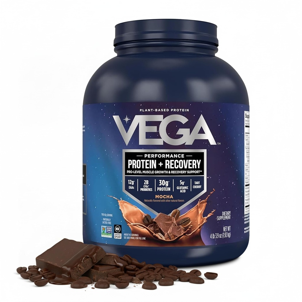 Vega Sport Vegan Protein Powder + Recuperación - 30g Plant Based Protein per Serving, Mocha, 45 Servings, 5g BCAAs, Probiotics, NSF Certified, for Shakes & Smoothies, 4.2lbs (Packaging May Vary)