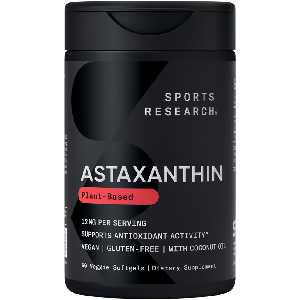 Investigación Deportiva Triple Strength Vegan Astaxanthin Suplemento de Algae - Softgels de base vegetal para la actividad antioxidante, Skin &amp; Eye Health - Non-GMO Verified, Made with Coconut Oil - 12mg, 60 Cuenta