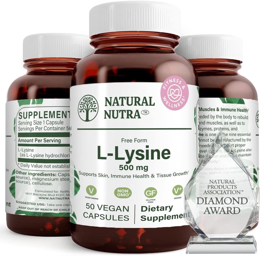 Natural Nutra L Lysine HCl, promueve la salud ósea y el crecimiento, ayuda a la salud de la piel, mejora la absorción de vitamina C, ayuda a construir el colágeno, mejora la absorción de calcio, no GMO, Vegan, 500 mg, 50 cápsulas.