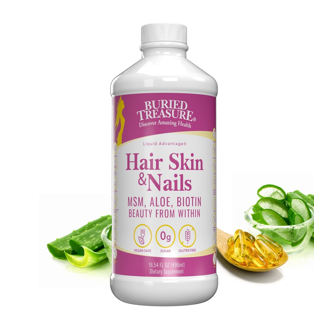 Tesoros enterrados Pelo, Esquía y uñas con MSM Biotina Aloe Vera más Vitaminas y Minerales en un Complejo Alimentario completo líquido de alta potencia para el cabello más completo, uñas más fuertes y piel más clara 16 oz