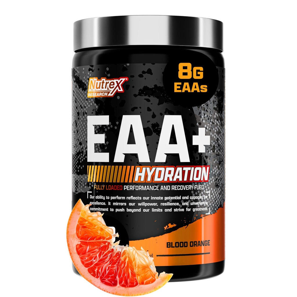 Nutrex Research EAA Hydration ← EAAs + BCAAs Powder  durable Muscle Recovery, Strength, Muscle Building, Endurance ← 8G Essential Amino Acids + Electrolytes  durable Blood Orange Flavor 30 Serving