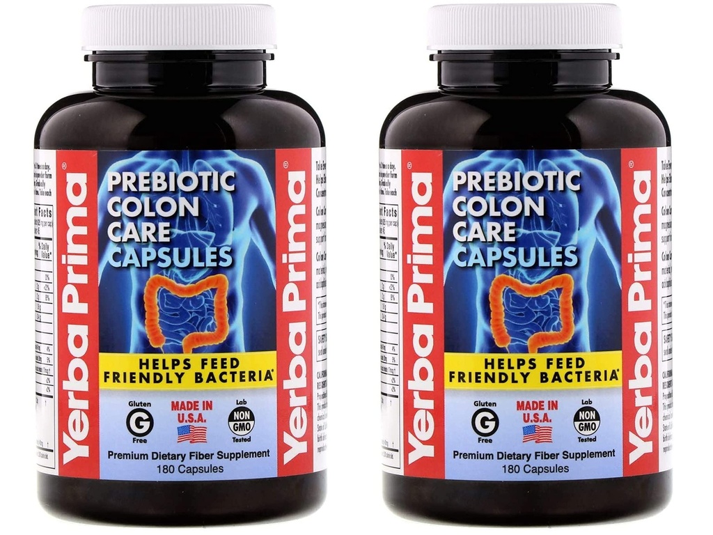 Yerba Prima Prebiotic Colon Care Capsules - 180 Conde (Pack of 2), Gluten Free, Proudly Made in The USA, Non-GMO, Soluble & Insoluble Fiber, admite un colon funcional saludable