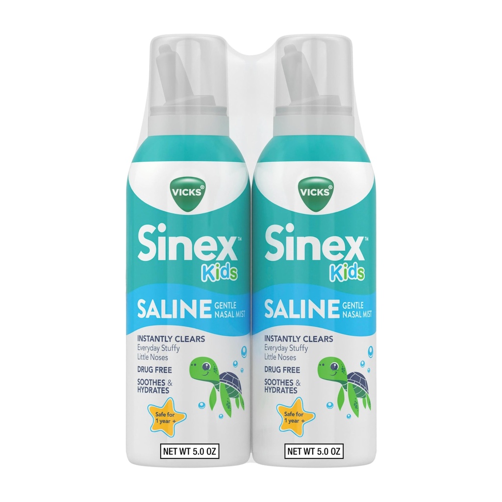Vicks Sinex, Niños Saline Nasal Spray, Drug Free Ultra Fine Mist with Hint of Aloe, Edades 1+, Fast Everyday Stuffy Nose Relief for Kids, Clear Mucus from a Cold or Allergy, 5 OZ x 2