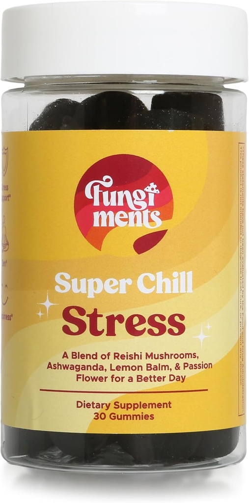 Fungimentos Super Chill - Mushroom Suplemento - Reishi Mushroom, Ashwagandha, Cortizol, L-Theanine, Flores de Pasión - Menos estrés y mejor sueño (30 Gummies de hongos)