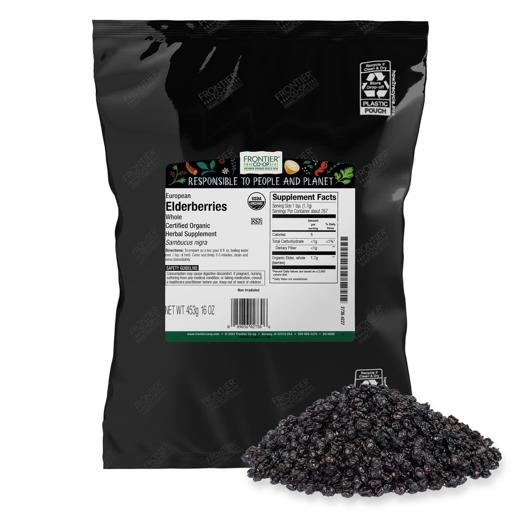 Frontier Co-op Organic Dried Elderberries, 1lb Bulk Bag, European Whole ← Kosher y las bayas de Elderberry Orgánicas no GMO secaron, para el té, Immune Support