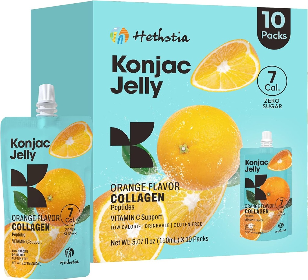Naranja jalea Konjac con péptidos de colágeno, 10 bolsas de jalea de frutas, gelatina bebible bajo calorías con vitamina C, sin azúcar, Keto, sin gluten, caracoles de luz en marcha