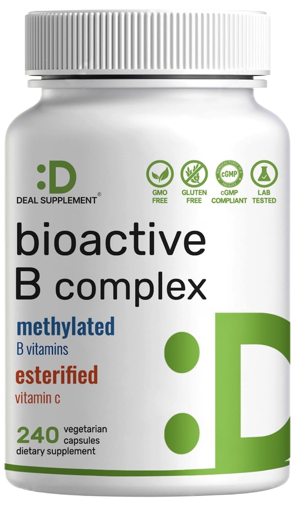 Complejo de vitamina B bioactiva para hombres y mujeres, 240 cápsulas vegetales - Complejo de B metilado &amp; vitamina esterificada C – Alta potencia y fácil absorción – Suplemento de inmuno, energía y metabolismo – No GMO