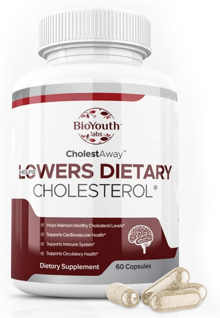BioYouth Labs Natural Cholesterol Bajo Apoyo Suplemento para Adultos - Nutritious Blend of Garlic, Berberine, Coca Extract Soy Lecithin - 60 cápsulas