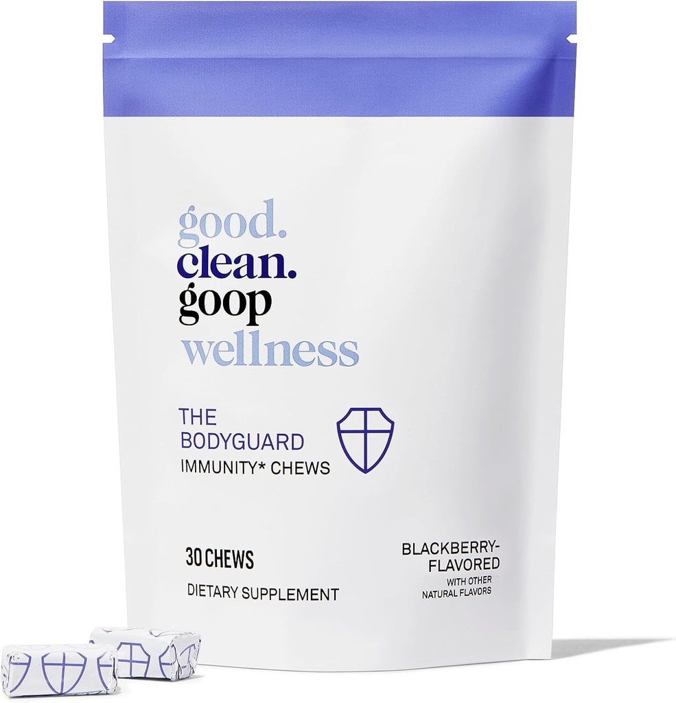 bueno.clean.goop Wellness The Bodyguard Immunity Chews ← Dietary Supplement for Immune Support ← Elderberry Extract &amp; Vitamin D ← Berry Flavored ← Immune System Booster ← Pack of 30 Chews ← Non-GMO