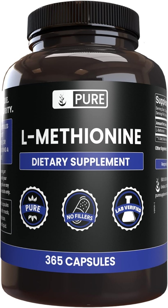 PURE ORIGINAL INGREDIENTES L-Methionine (365 cápsulas) No hay magnesio o artillería de arroz, siempre puro, lab Verificado