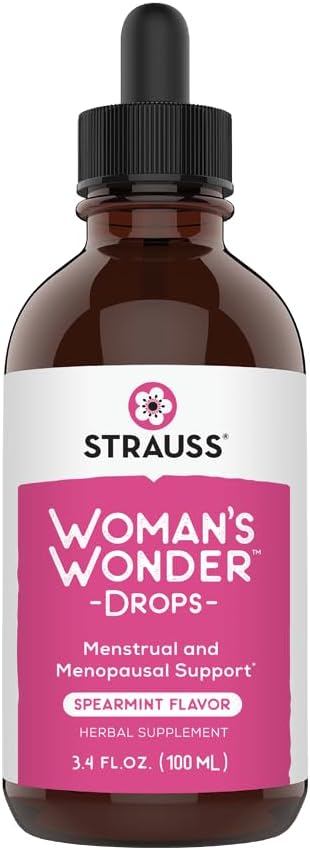 Strauss Heartdrops Woman's Wonder Drops; Menstrual &amp; Menopausal Support Supplement in Spearmint Flavour, Natural Formula, Gluten-Free, Soy-Free, Non-GMO, 3.4oz Botella