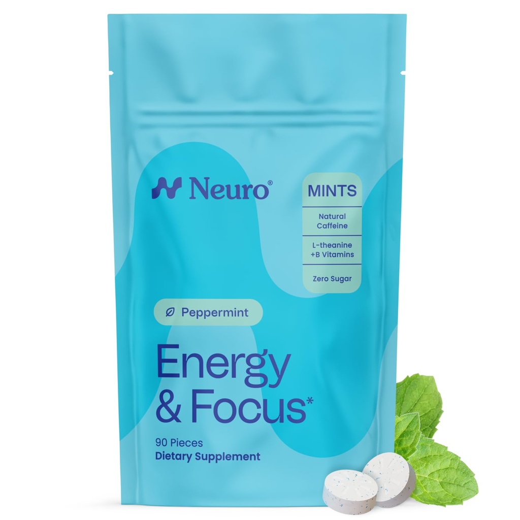 NeuroGum Energy & Focus Mints (90 Count Bag, Peppermint) ← 40mg Natural Caffeine + L-Theanine + Vitamin B12 &amp; B6 ← Sugar Free Nootropic Cognitive Brain Performance Suplemento