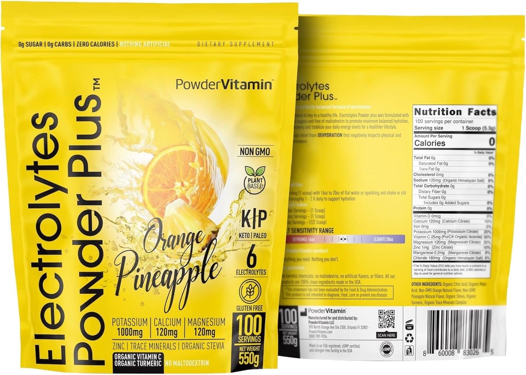PowderVitamin Electrolytes Powder Plus (100 Servings) Orange Pineapple Electrolyte Powder Zero Calorie, Keto, 0 Sugar, No Maltodextrin,1000mg Potasio, 120mg Calcio,120mg Magnesio, Hidratación Polvo