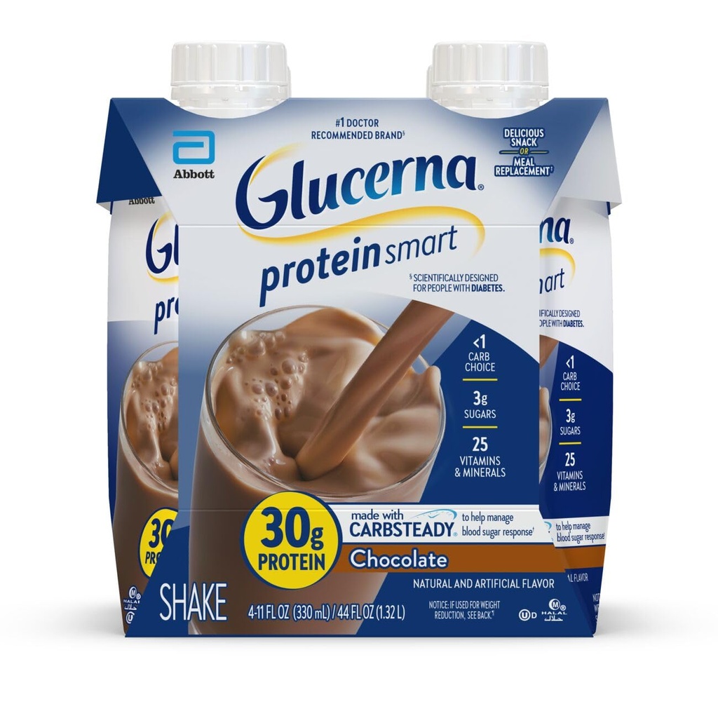 Glucerna Protein Smart Diabetes Care Shake, Chocolate, Diabetic Meal Replacement to Support Blood Sugar Management, 30g Protein, 150 Calories, Listo para beber, 11-fl-oz Bottle, 4 Pack