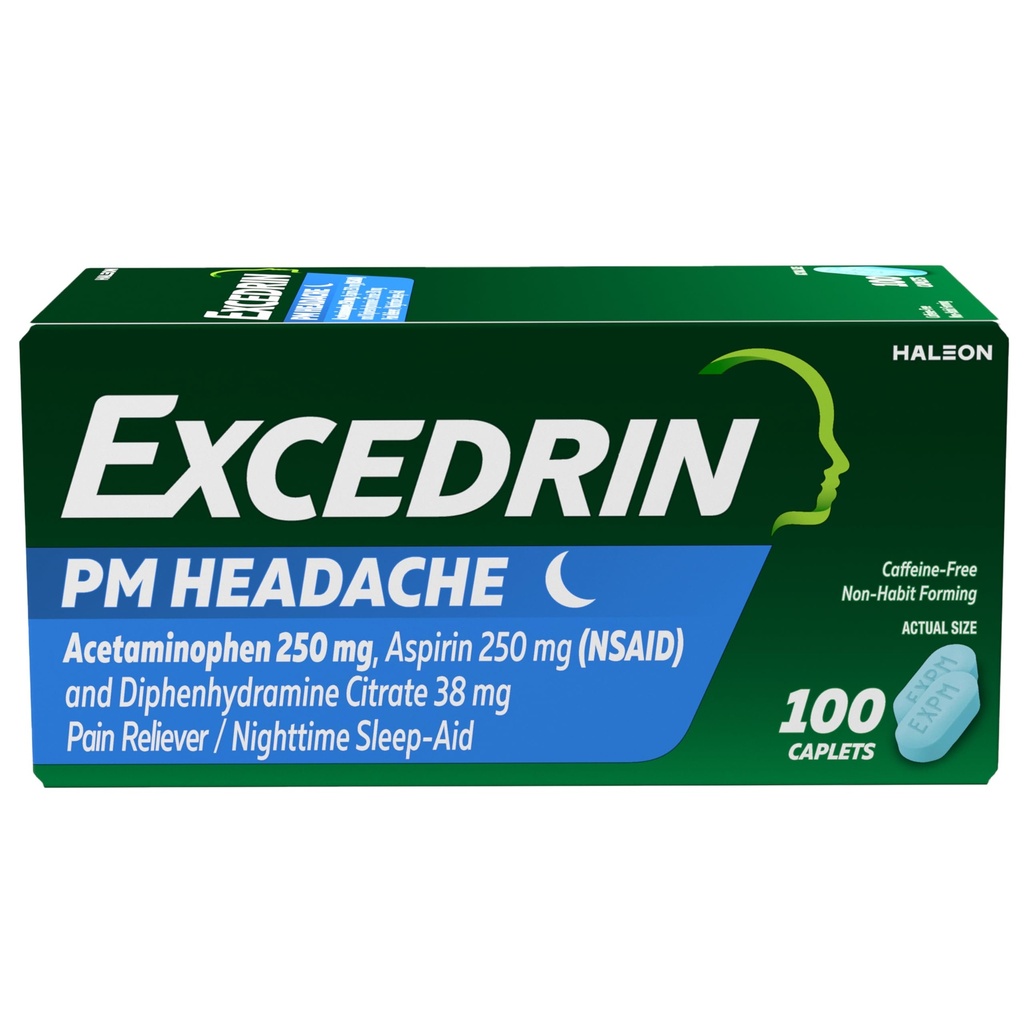 Excedrina PM para alivio de dolor de cabeza, Acetaminofeno 250mg, Aspirina 250mg, Diphenhydramine Citrate 38mg, Dolor de dolor, Noche de dormir-Aid, 100 Cuenta