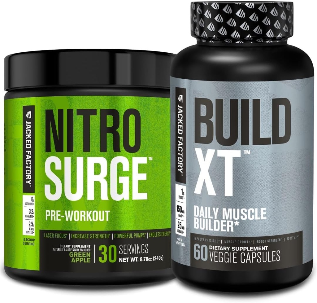 Jacked Factory Nitrosurge Pre-Workout in Green Apple &amp; Build XT Muscle Building Bundle for Men &amp; Women
