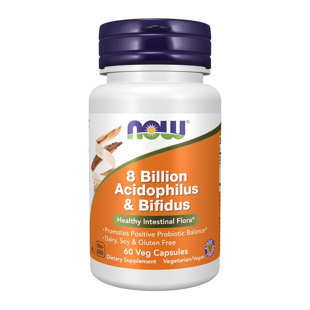 AHORA Suplementos de alimentos, 8 Billones de Acidophilus &amp; Bifidus, Dairy, Soy y Gluten Gratis, Estrado Verificado, 60 cápsulas de Veg