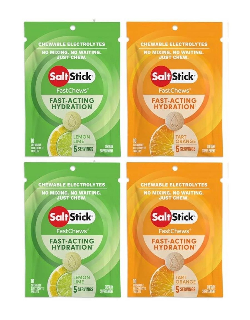 SaltStick FASTCHEWS® Resealable, Variedad 4 Pack de Tart Orange &amp; Zesty Lemon-Lime