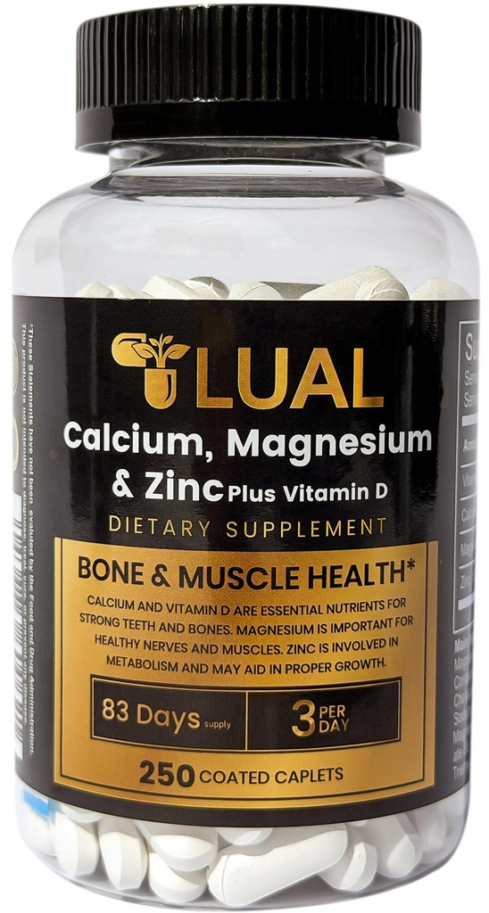 Calcio LUAL, Magnesio, Zinc &amp; Vitamina D3 Calcio, Magnesio &amp; Zinc Plus Vitamina D3 Caplets Suplemento dietético, 250 Cuenta