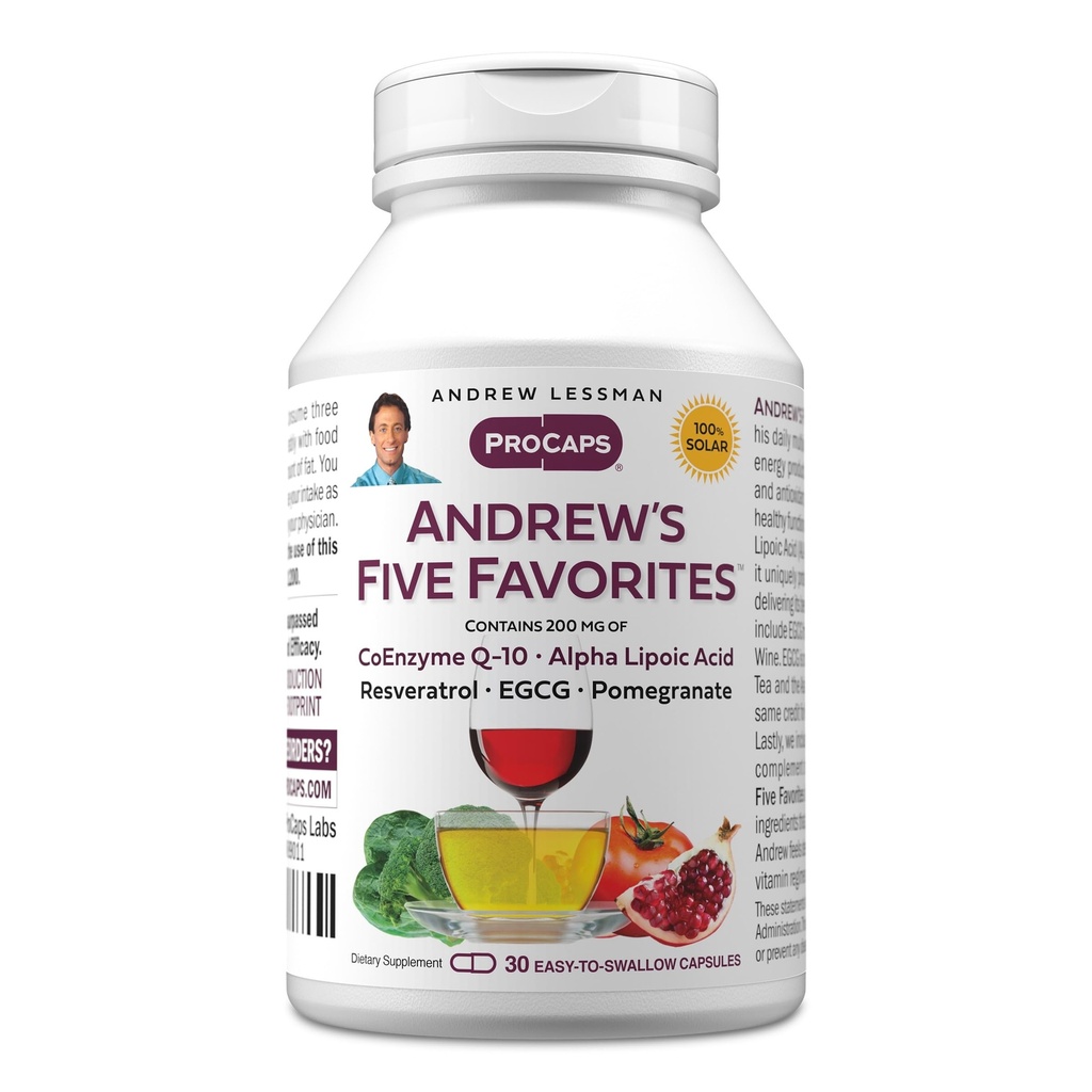 ANDREW LESSMAN Andrew's Five Favoritos 30 Capsules - Proporciona 200mg Cada una de Coenzima Q-10, Resveratrol, EGCG, Pomegranate and Alpha Lipoic Acid, Powerful Anti-Oxidant Support, No Additives